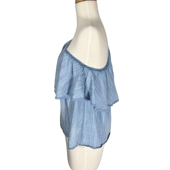 Taylor & Sage Chambray Ruffled One Shoulder Sleeveless Blouse Top Sz M - Picture 3 of 6